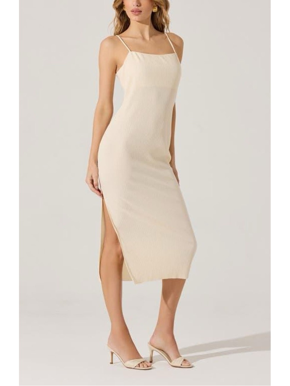 Astr Cream Ribbed Slip Midi Dress